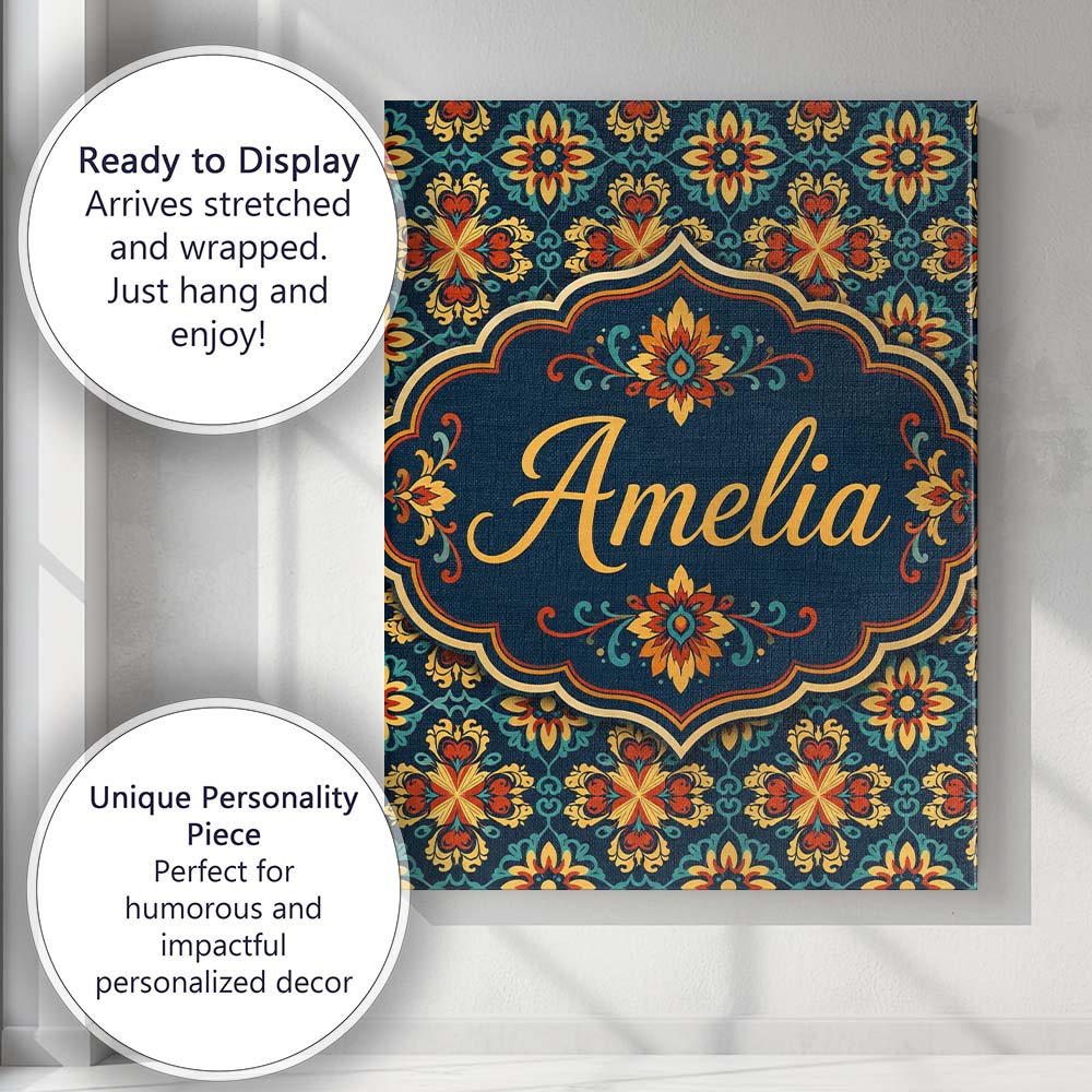 Personalised Name Teal and Mustard Ornate Custom Unique Gift Idea Elegant Feature Canvas Wall Art Print Decor Picture Ready to Hang
