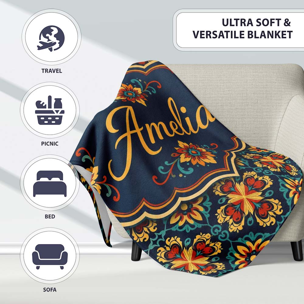 Teal and Mustard Ornate Floral Tile Pattern with Symmetrical Vintage Personalised Custom Name Super Soft Fleece Blanket Bed Sofa Throw