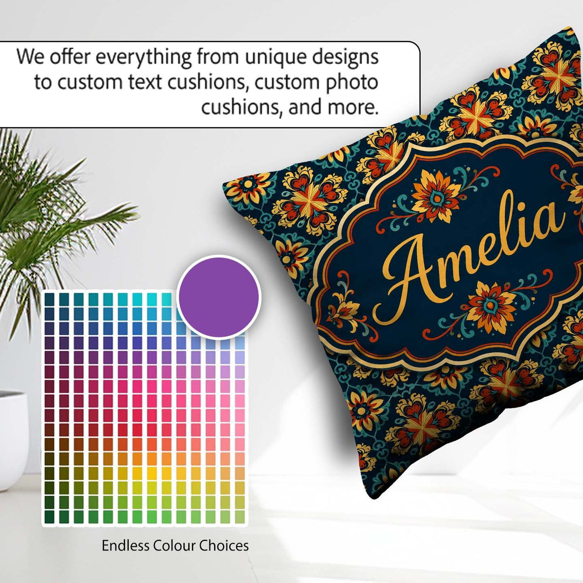 Custom Name Teal and Mustard Ornate Floral Tile with Symmetrical Square Filled Cushion Throw Pillow Sofa Bed Home Decor Zip Washable UK Made
