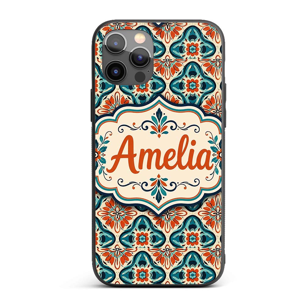 Cream Background Floral Tile Pattern with Teal Custom Name Protective Phone Case Mobile Cover Durable Everyday Smartphone Shock Resistant