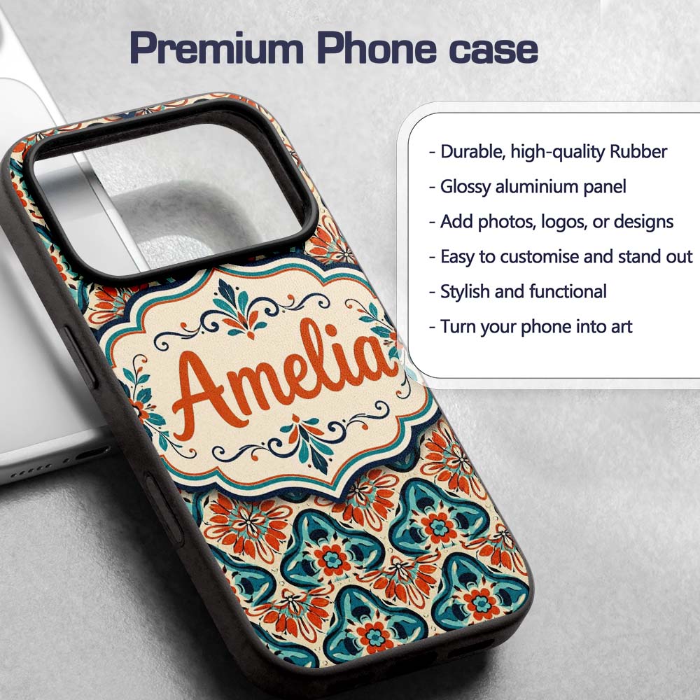 Cream Background Floral Tile Pattern with Teal Custom Name Protective Phone Case Mobile Cover Durable Everyday Smartphone Shock Resistant