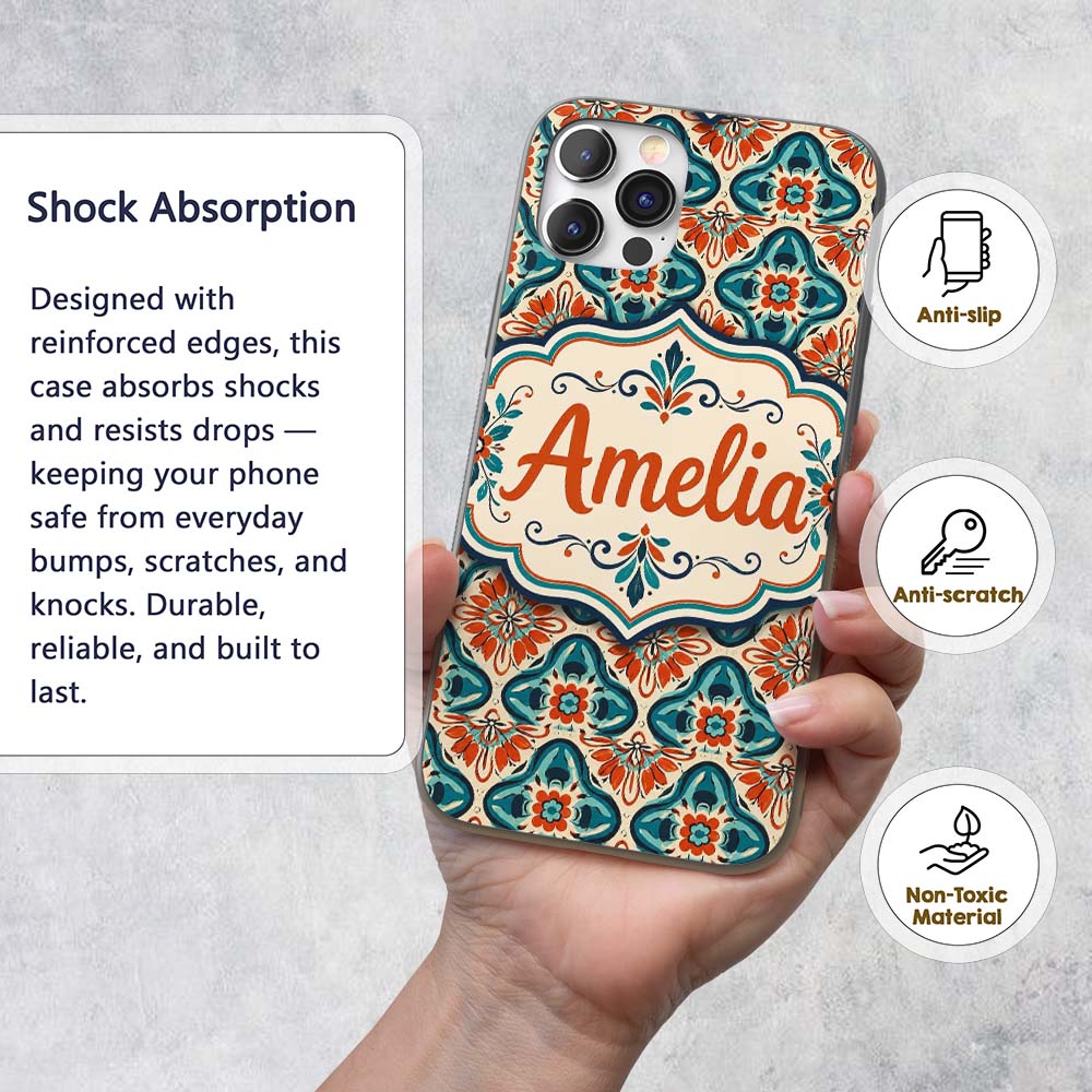 Cream Background Floral Tile Pattern with Teal Custom Name Protective Phone Case Mobile Cover Durable Everyday Smartphone Shock Resistant