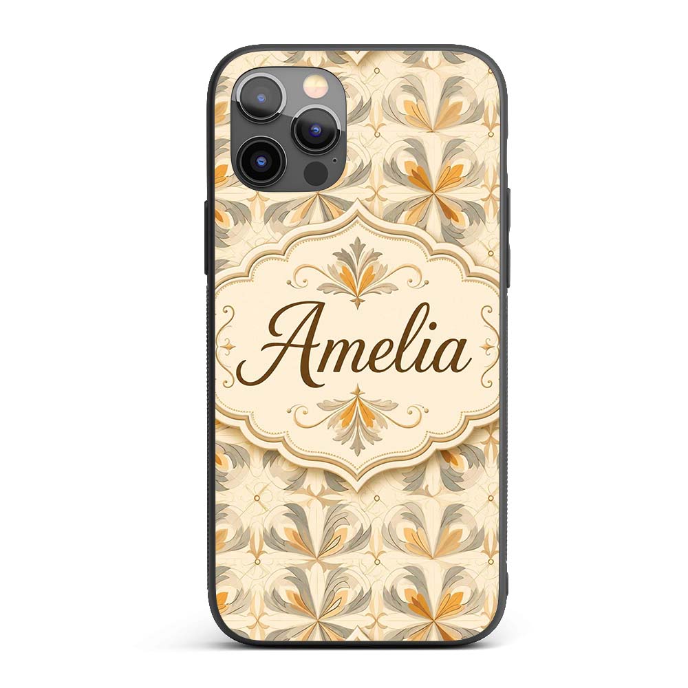 Neutral Beige and Ochre Elegant Floral Tile with Custom Name Protective Phone Case Mobile Cover Durable Everyday Smartphone Shock Resistant