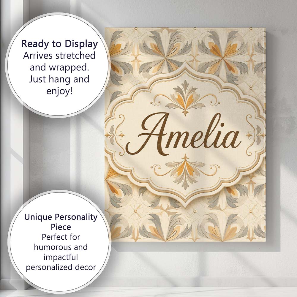 Personalised Name Neutral Beige and Ochre Custom Unique Gift Idea Elegant Feature Canvas Wall Art Print Decor Picture Ready to Hang