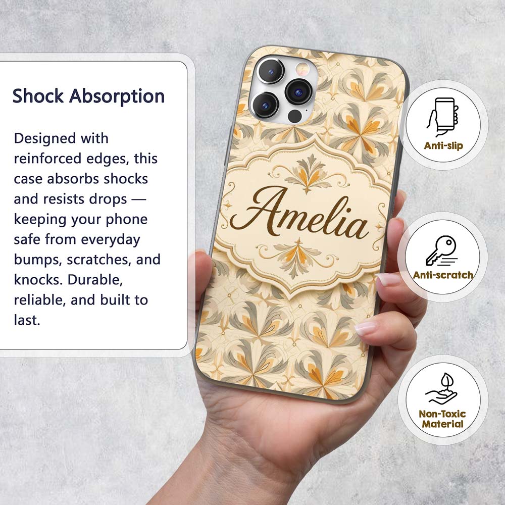 Neutral Beige and Ochre Elegant Floral Tile with Custom Name Protective Phone Case Mobile Cover Durable Everyday Smartphone Shock Resistant