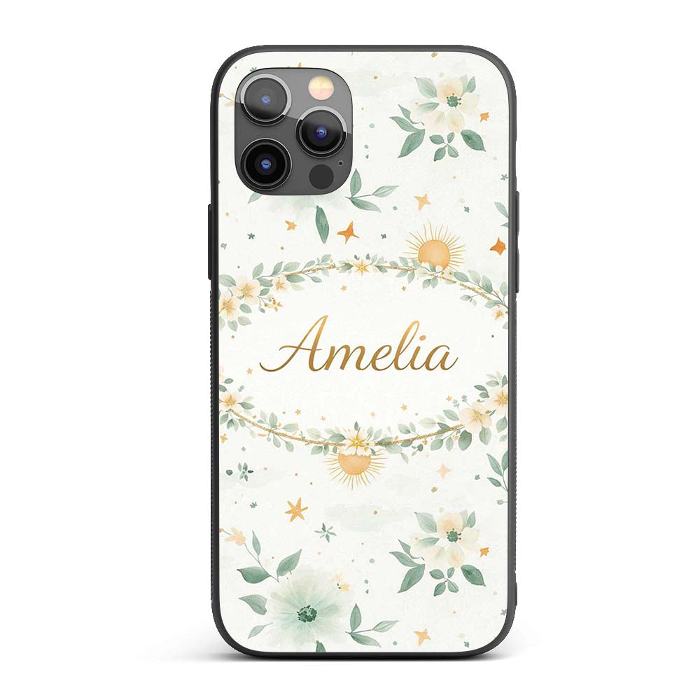 Minimal Floral Leaves and Sun Printed Design Custom Name Protective Phone Case Mobile Cover Durable Everyday Smartphone Shock Resistant