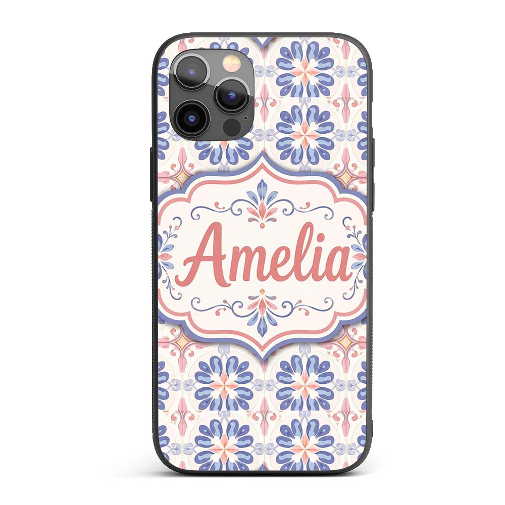 Pastel Blue and Pink Decorative Tile Pattern with Custom Name Protective Phone Case Mobile Cover Durable Everyday Smartphone Shock Resistant