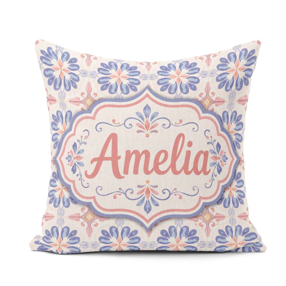 Custom Name Pastel Blue and Pink Decorative Tile Pattern with on Square Filled Cushion Throw Pillow Sofa Bed Home Decor Zip Washable UK Made