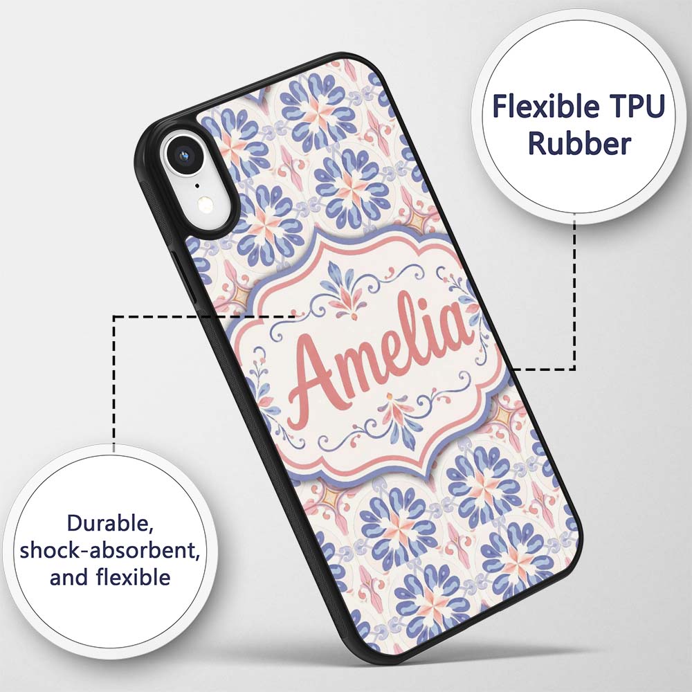 Pastel Blue and Pink Decorative Tile Pattern with Custom Name Protective Phone Case Mobile Cover Durable Everyday Smartphone Shock Resistant