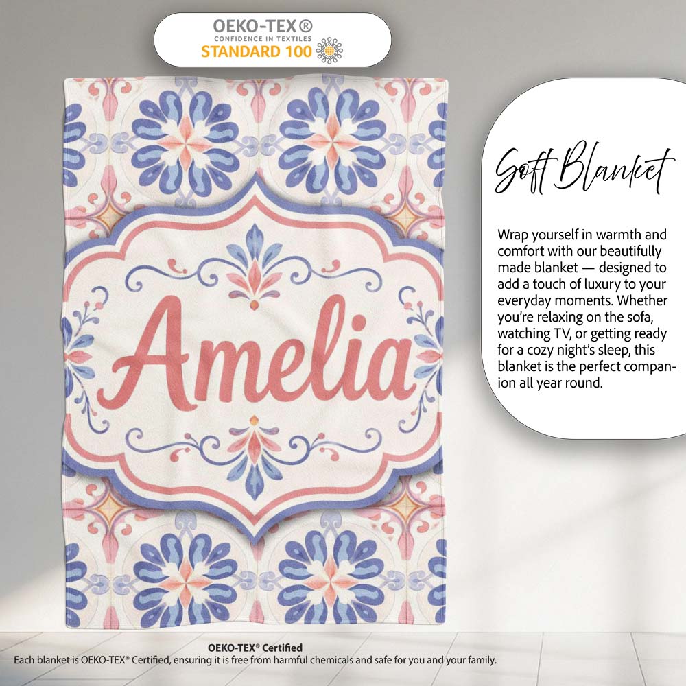 Pastel Blue and Pink Decorative Tile Pattern with Floral Symmetry on Personalised Custom Name Super Soft Fleece Blanket Bed Sofa Throw