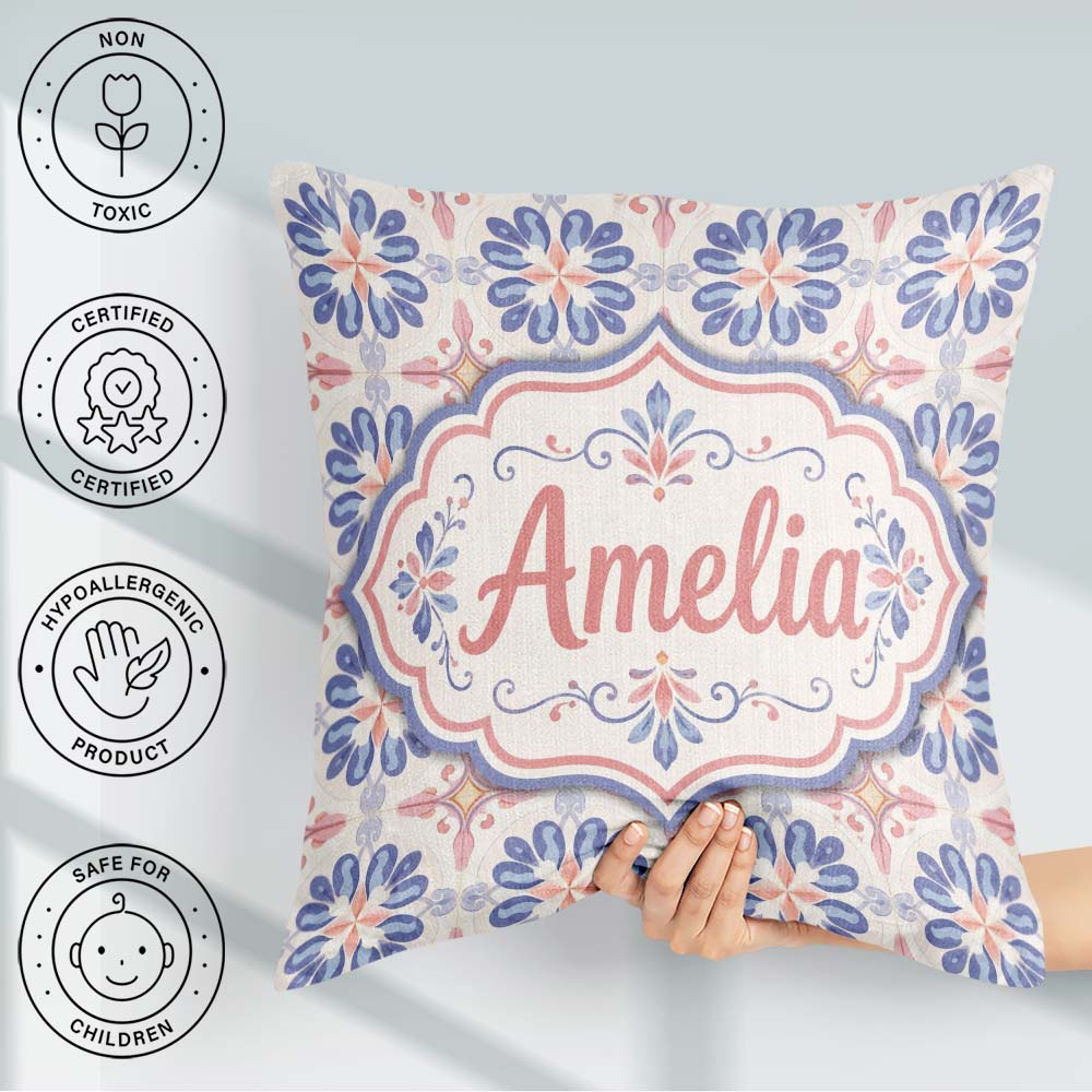 Custom Name Pastel Blue and Pink Decorative Tile Pattern with on Square Filled Cushion Throw Pillow Sofa Bed Home Decor Zip Washable UK Made