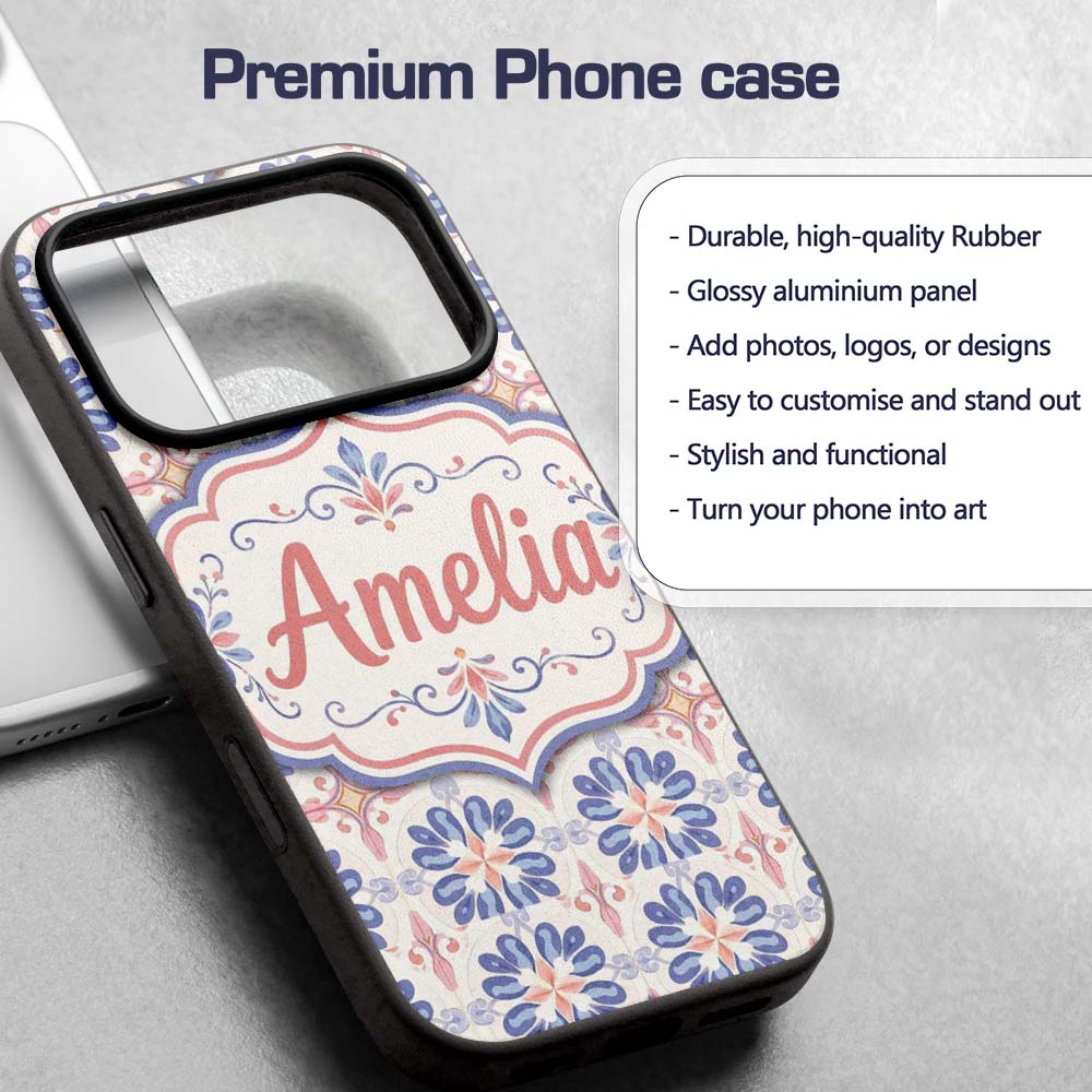 Pastel Blue and Pink Decorative Tile Pattern with Custom Name Protective Phone Case Mobile Cover Durable Everyday Smartphone Shock Resistant