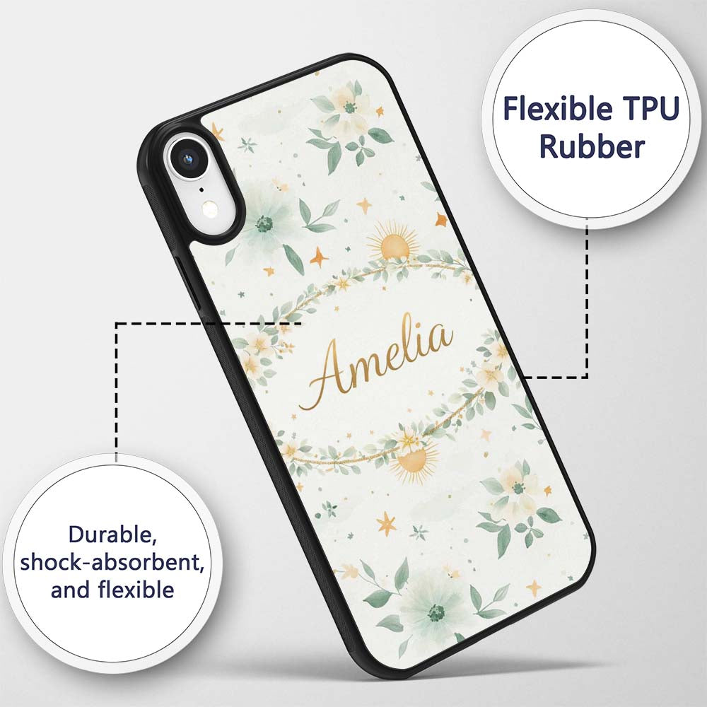 Minimal Floral Leaves and Sun Printed Design Custom Name Protective Phone Case Mobile Cover Durable Everyday Smartphone Shock Resistant