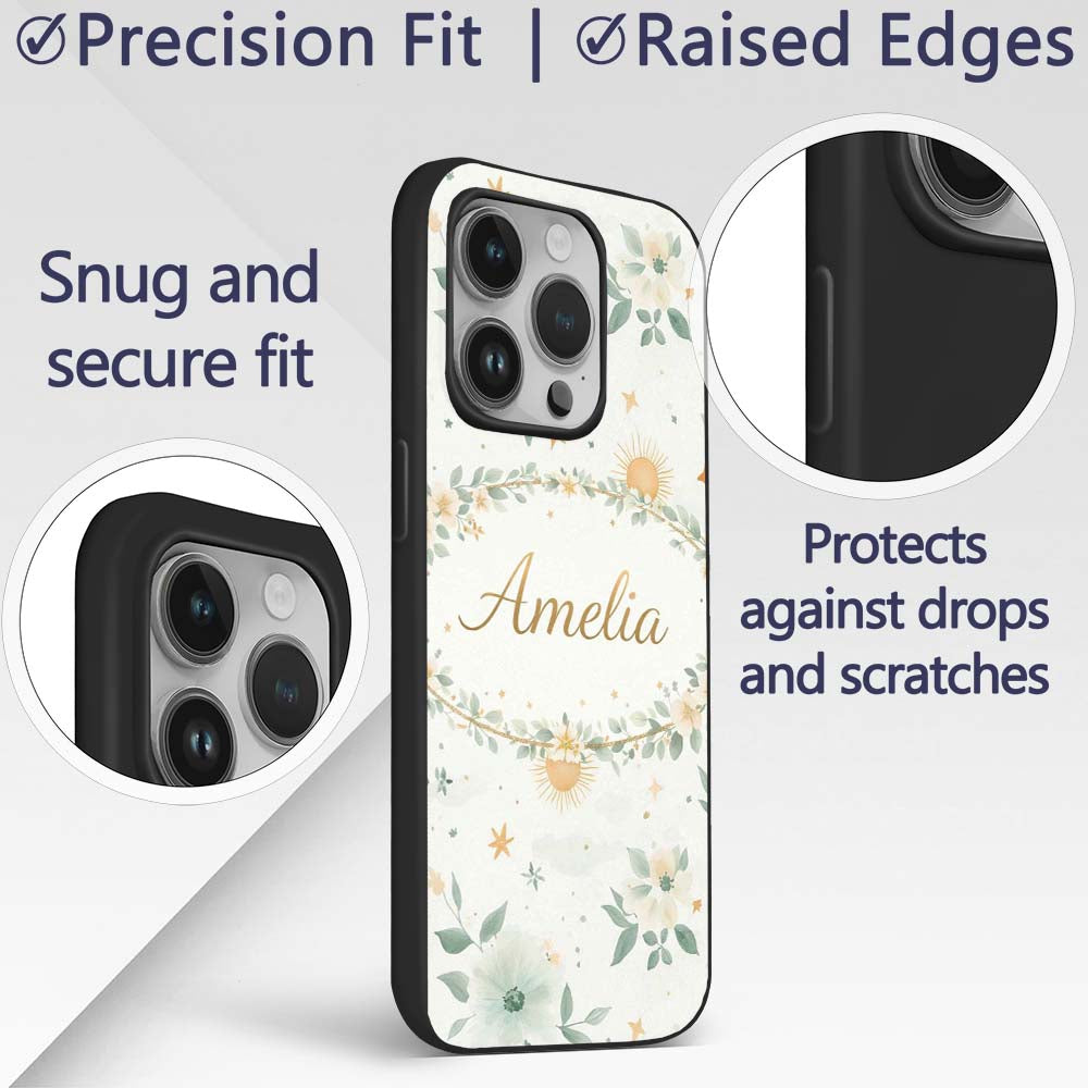 Minimal Floral Leaves and Sun Printed Design Custom Name Protective Phone Case Mobile Cover Durable Everyday Smartphone Shock Resistant