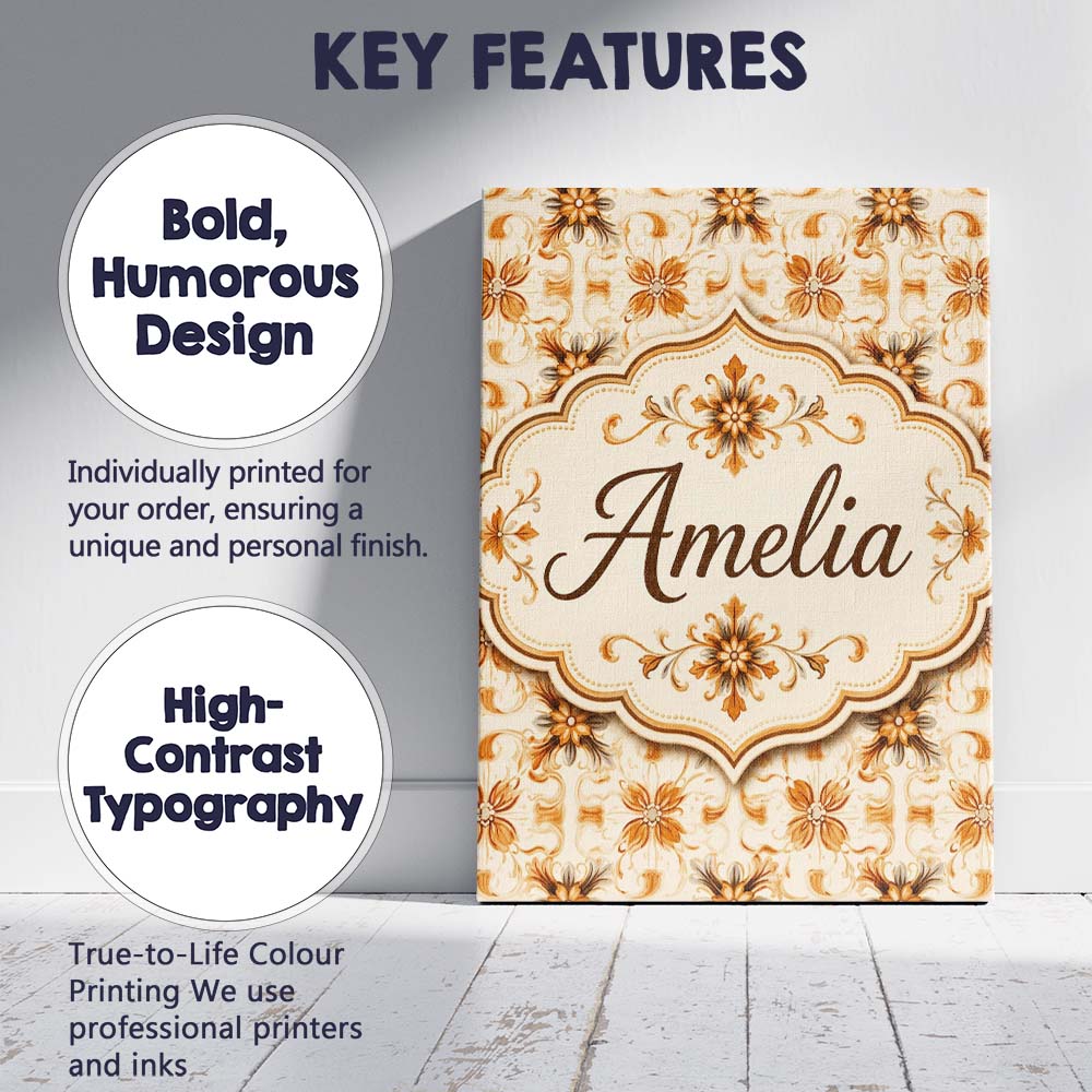 Personalised Name Golden Brown Ornate Custom Modern Room Accent Creative Decorator Style Canvas Wall Art Print Decor Picture Ready to Hang