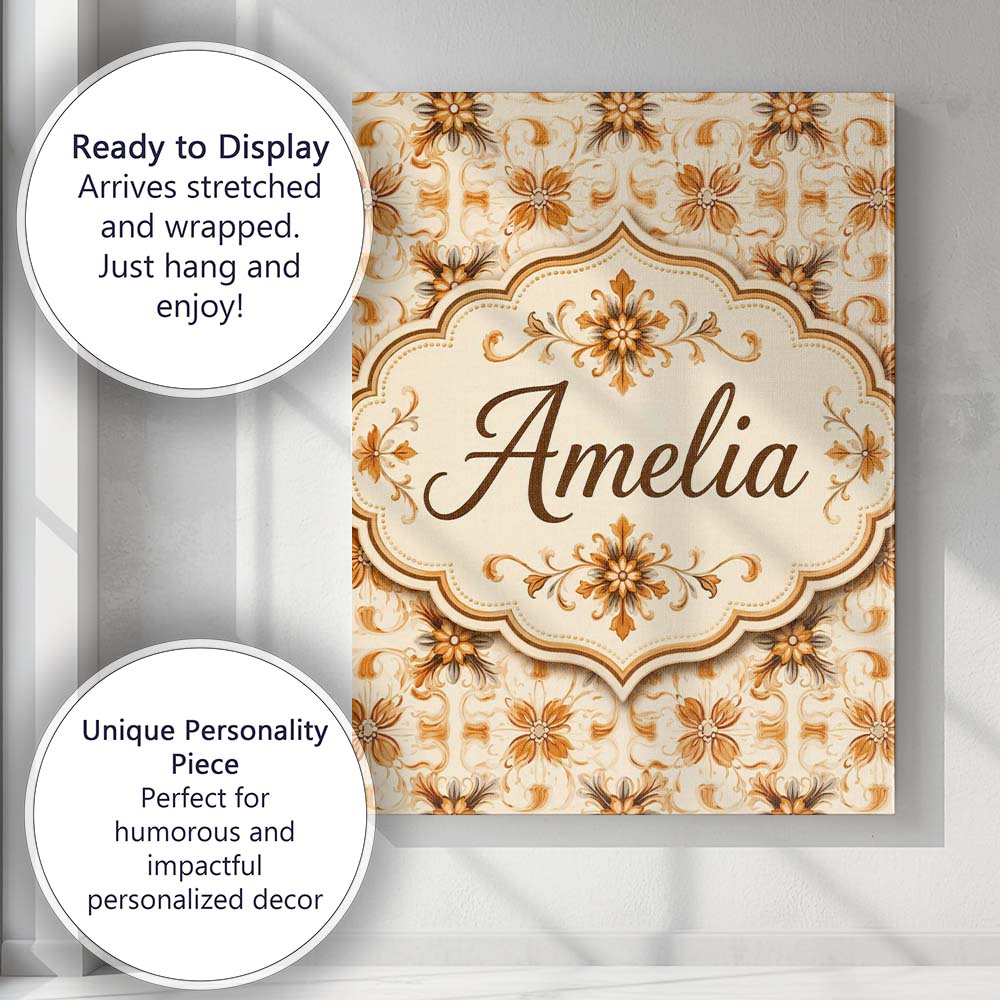 Personalised Name Golden Brown Ornate Custom Modern Room Accent Creative Decorator Style Canvas Wall Art Print Decor Picture Ready to Hang