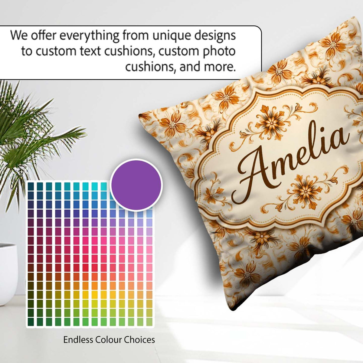 Custom Name Golden Brown Ornate Floral Tile Pattern with Classic Square Filled Cushion Throw Pillow Sofa Bed Home Decor Zip Washable UK Made