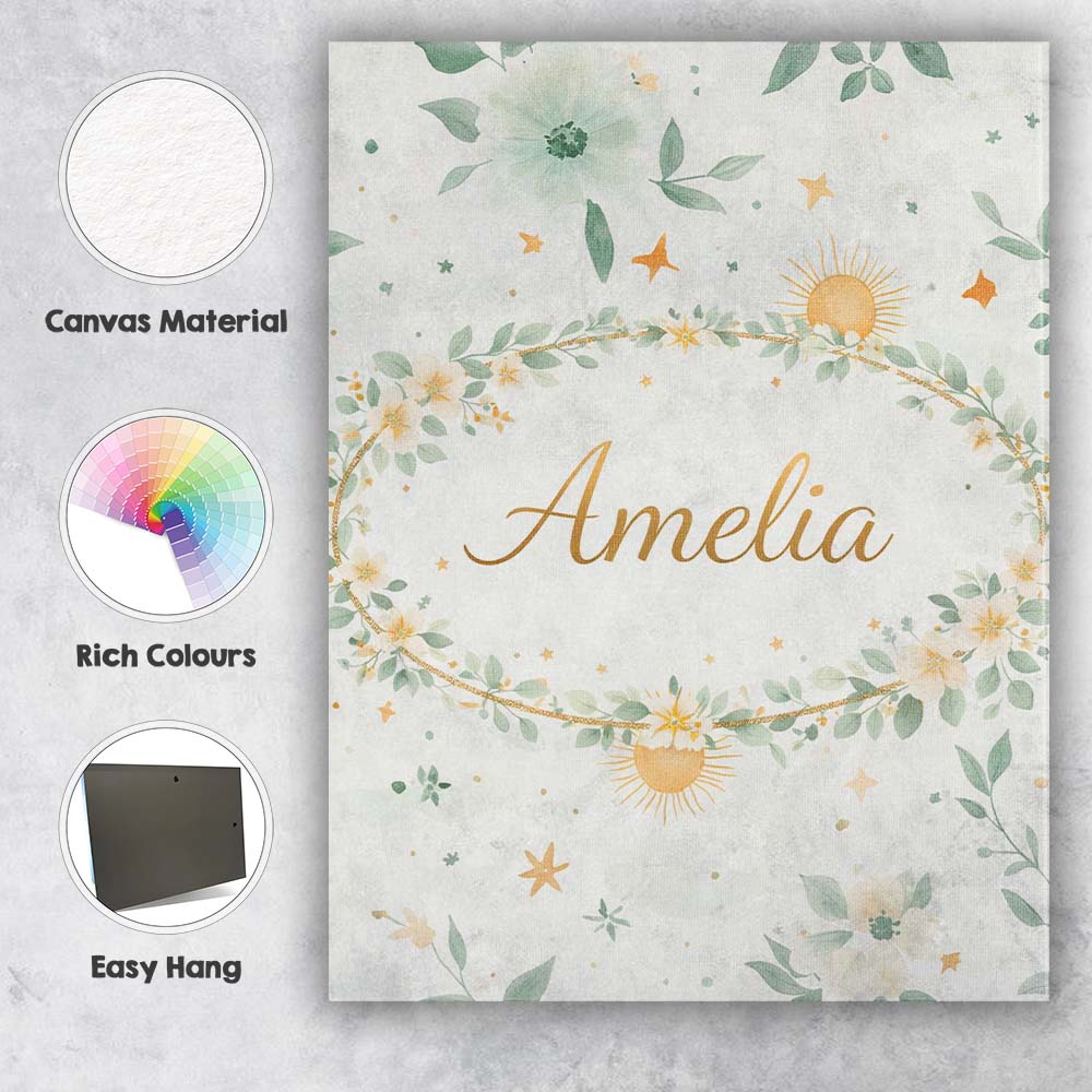 Personalised Name Minimal Floral Leaves and Sun Pattern White Custom Contemporary Display Canvas Wall Art Print Decor Picture Ready to Hang