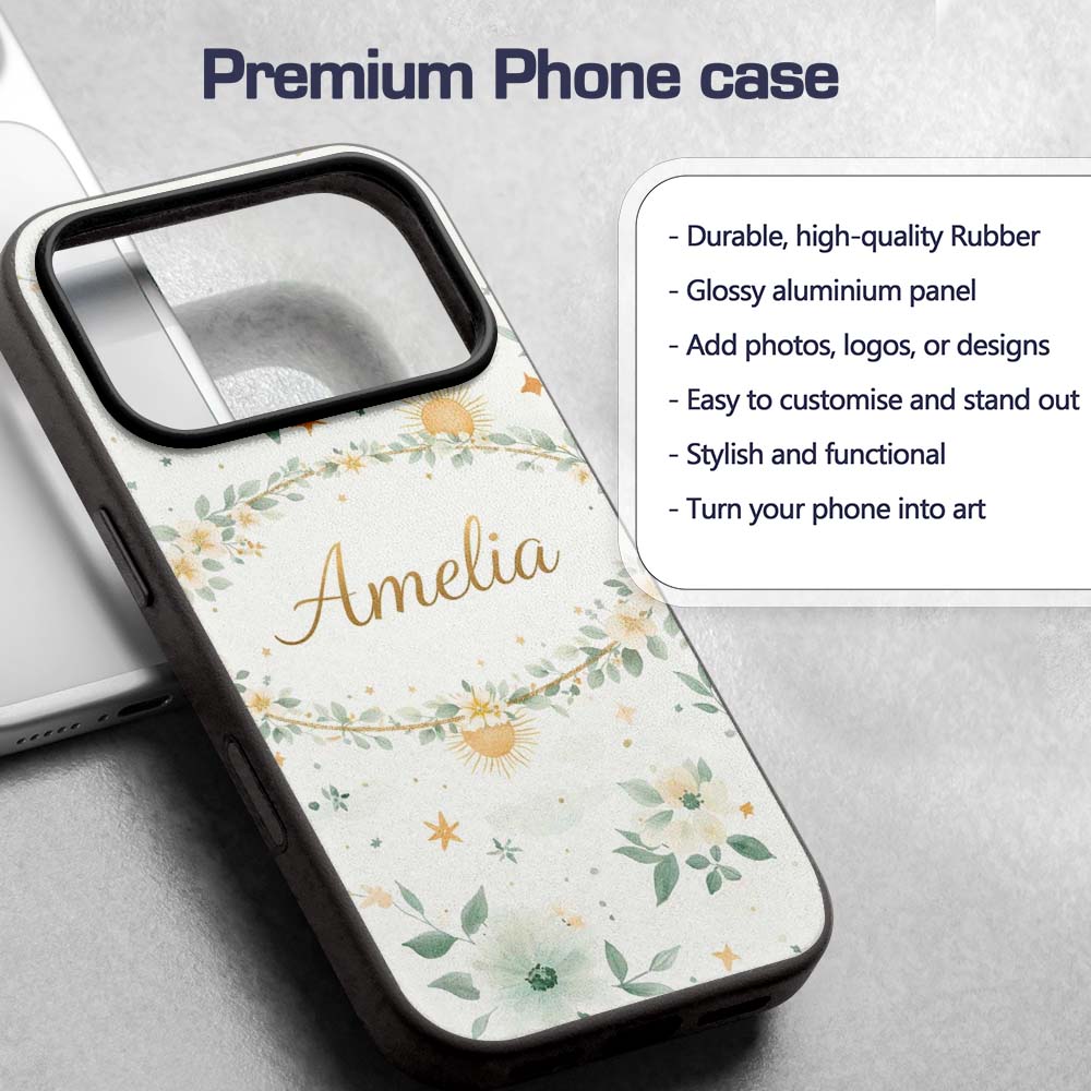 Minimal Floral Leaves and Sun Printed Design Custom Name Protective Phone Case Mobile Cover Durable Everyday Smartphone Shock Resistant