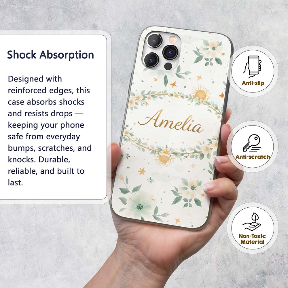 Minimal Floral Leaves and Sun Printed Design Custom Name Protective Phone Case Mobile Cover Durable Everyday Smartphone Shock Resistant