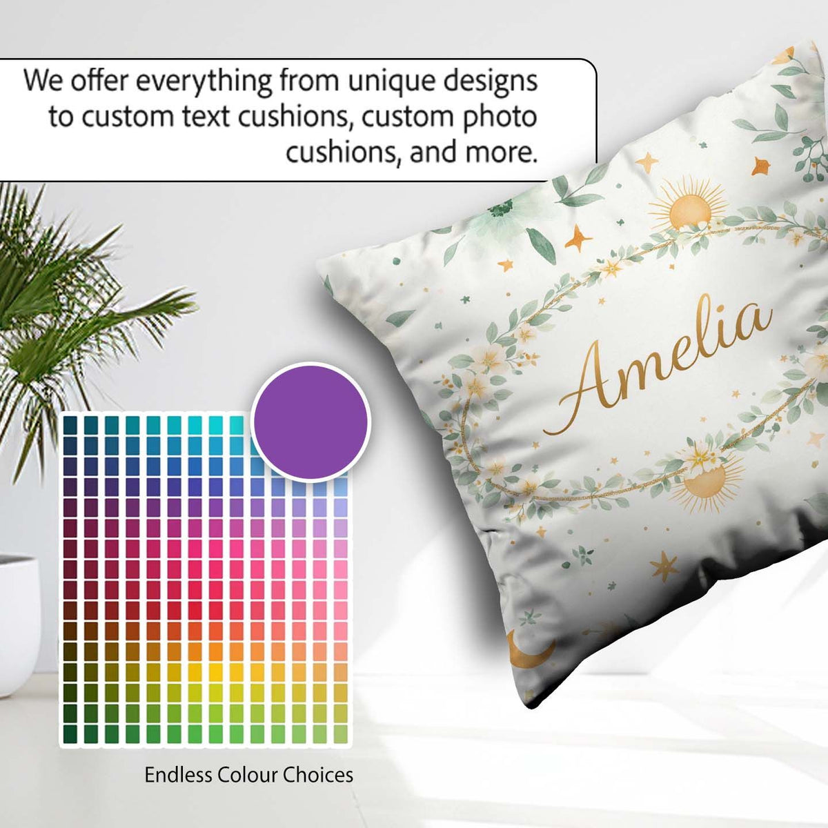 Custom Name Minimal Floral Leaves and Sun Pattern White Seamless Square Filled Cushion Throw Pillow Sofa Bed Home Decor Zip Washable UK Made