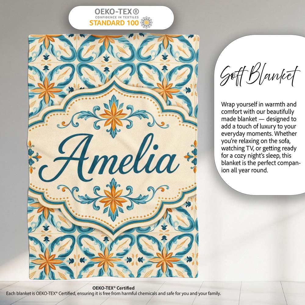 Soft Blue and Yellow Vintage Scroll Tile Pattern with Ornate Floral Personalised Custom Name Super Soft Fleece Blanket Bed Sofa Throw