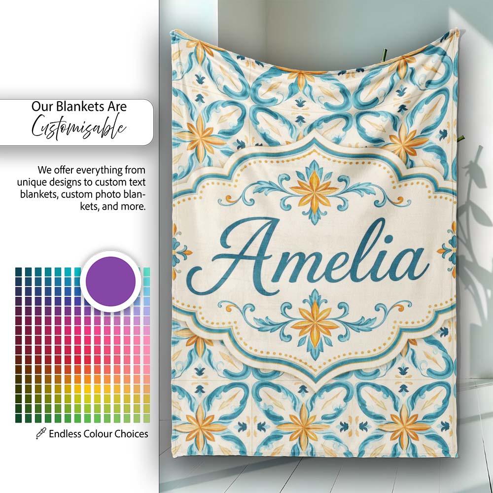 Soft Blue and Yellow Vintage Scroll Tile Pattern with Ornate Floral Personalised Custom Name Super Soft Fleece Blanket Bed Sofa Throw