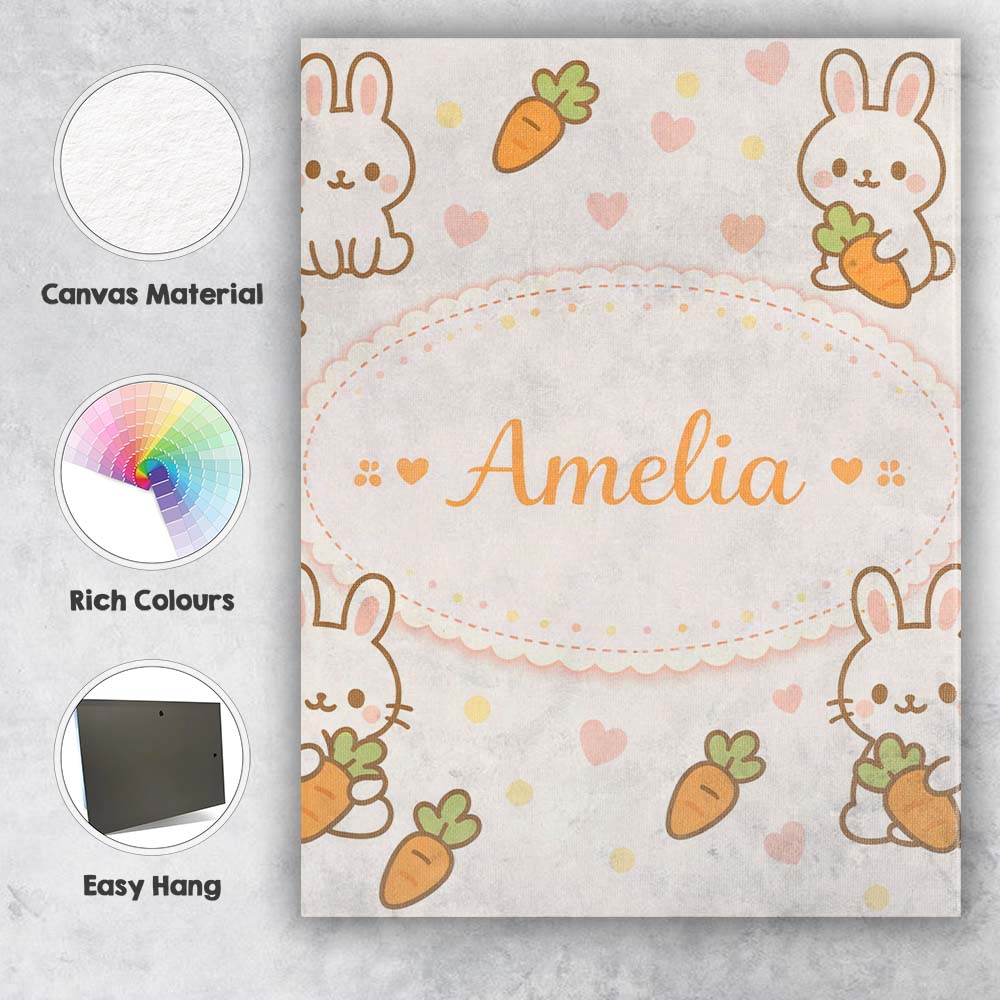 Personalised Name Cute Bunny Carrot Cartoon Animal Pattern Beautiful Custom Home Canvas Wall Art Print Decor Picture Ready to Hang