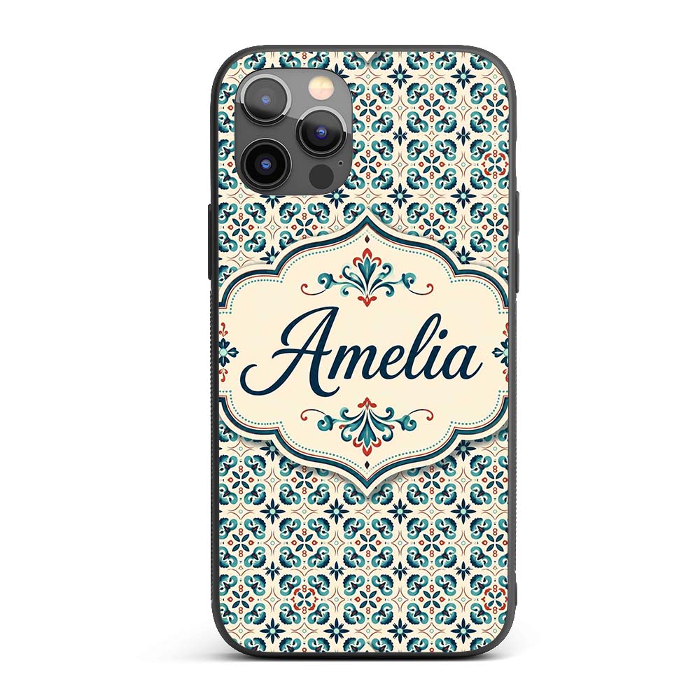 Teal and Red Ornamental Tile Decorative Design Custom Name Protective Phone Case Mobile Cover Durable Everyday Smartphone Shock Resistant