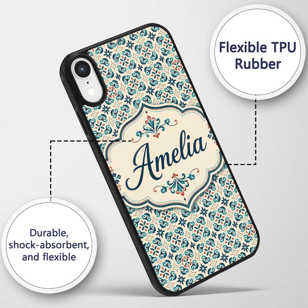 Teal and Red Ornamental Tile Decorative Design Custom Name Protective Phone Case Mobile Cover Durable Everyday Smartphone Shock Resistant