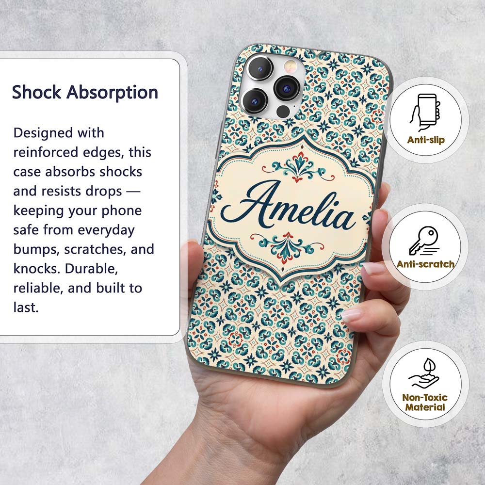 Teal and Red Ornamental Tile Decorative Design Custom Name Protective Phone Case Mobile Cover Durable Everyday Smartphone Shock Resistant
