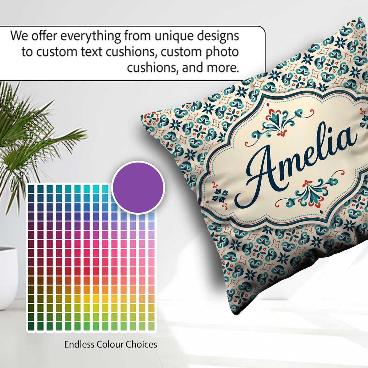 Custom Name Teal and Red Ornamental Tile with Symmetrical Floral Square Filled Cushion Throw Pillow Sofa Bed Home Decor Zip Washable UK Made