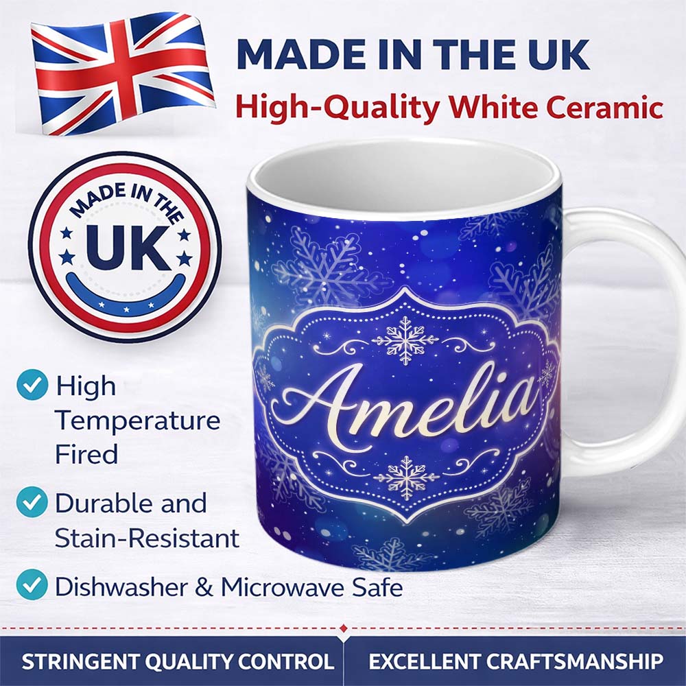 Personalized Custom Name Snowflake Bokeh Winter Seamless Pattern Design Soft Glow Lovely 11oz Ceramic Coffee Tea Mug White Large Handle