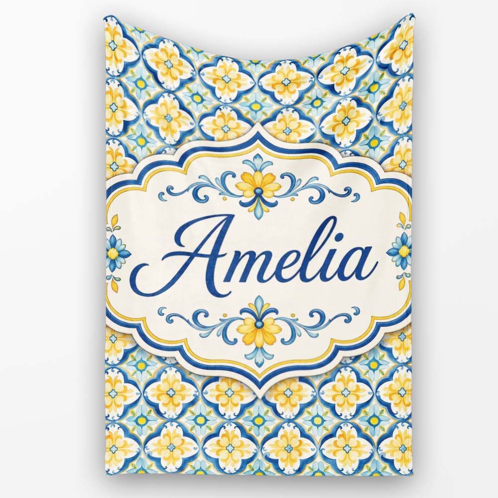 Blue and Yellow Mediterranean Style Tile Pattern with Floral Motifs Personalised Custom Name Super Soft Fleece Blanket Bed Sofa Throw