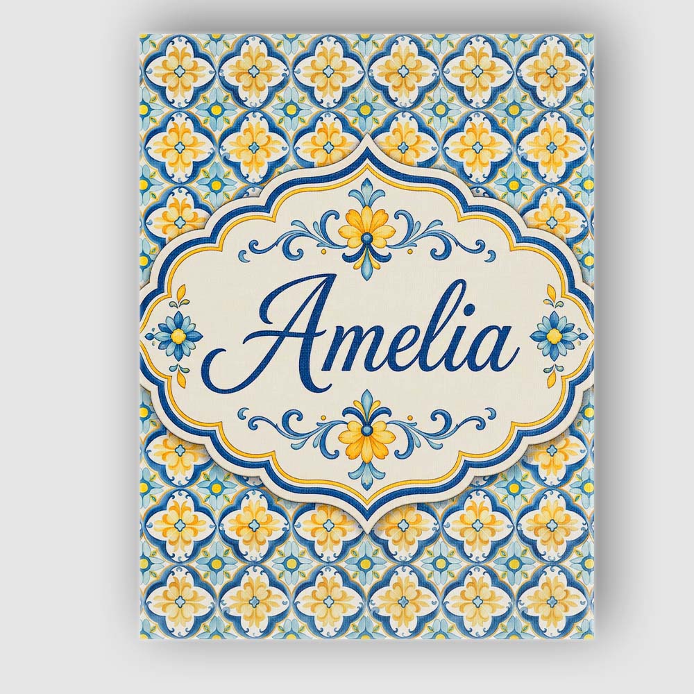 Personalised Name Blue and Yellow Mediterranean Style Tile Custom Stylish Home Interior Canvas Wall Art Print Decor Picture Ready to Hang