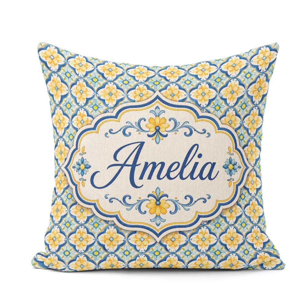 Custom Name Blue and Yellow Mediterranean Style Tile with Floral Square Filled Cushion Throw Pillow Sofa Bed Home Decor Zip Washable UK Made