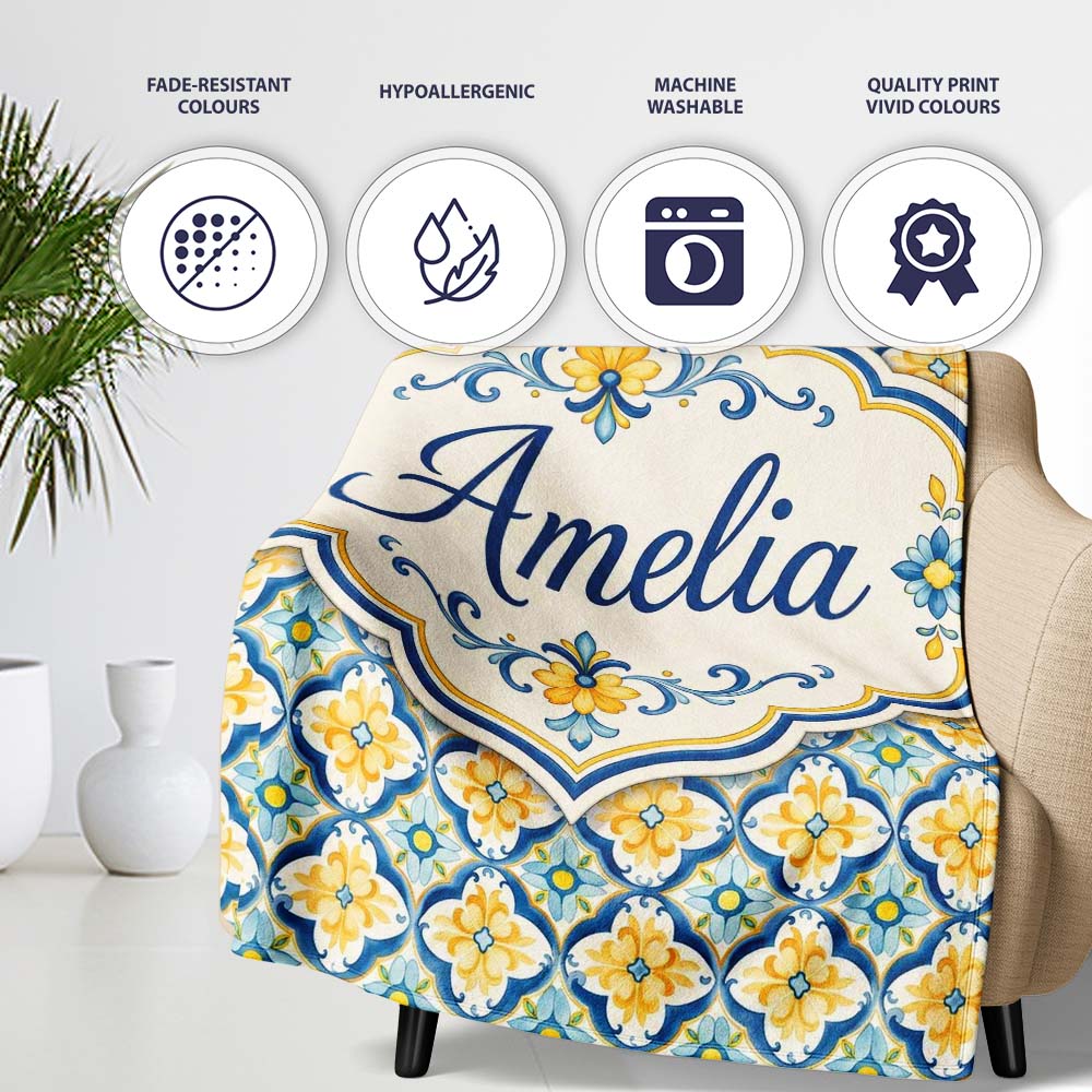 Blue and Yellow Mediterranean Style Tile Pattern with Floral Motifs Personalised Custom Name Super Soft Fleece Blanket Bed Sofa Throw