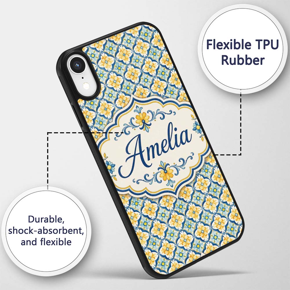 Blue and Yellow Mediterranean Style Tile Pattern Custom Name Protective Phone Case Mobile Cover Durable Everyday Smartphone Shock Resistant