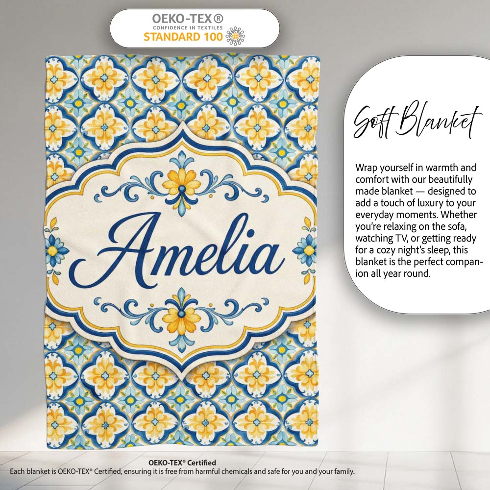 Blue and Yellow Mediterranean Style Tile Pattern with Floral Motifs Personalised Custom Name Super Soft Fleece Blanket Bed Sofa Throw