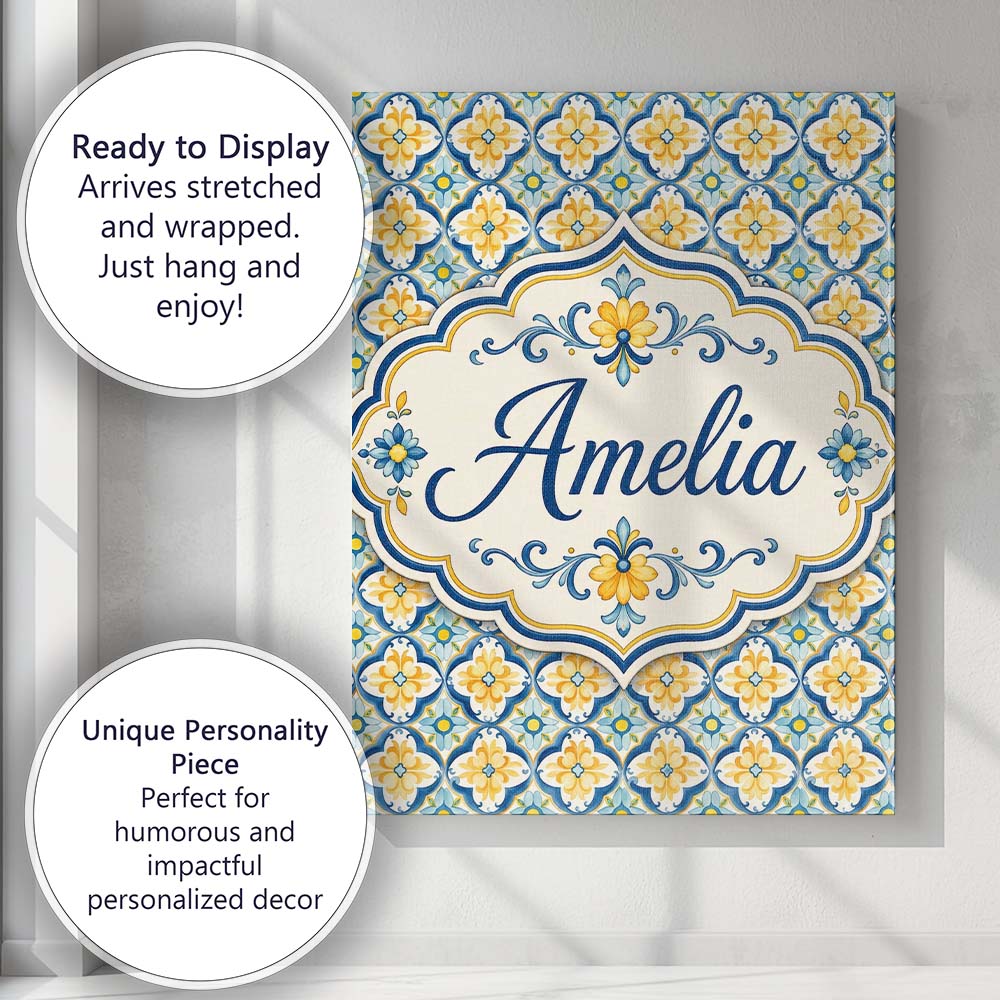 Personalised Name Blue and Yellow Mediterranean Style Tile Custom Stylish Home Interior Canvas Wall Art Print Decor Picture Ready to Hang
