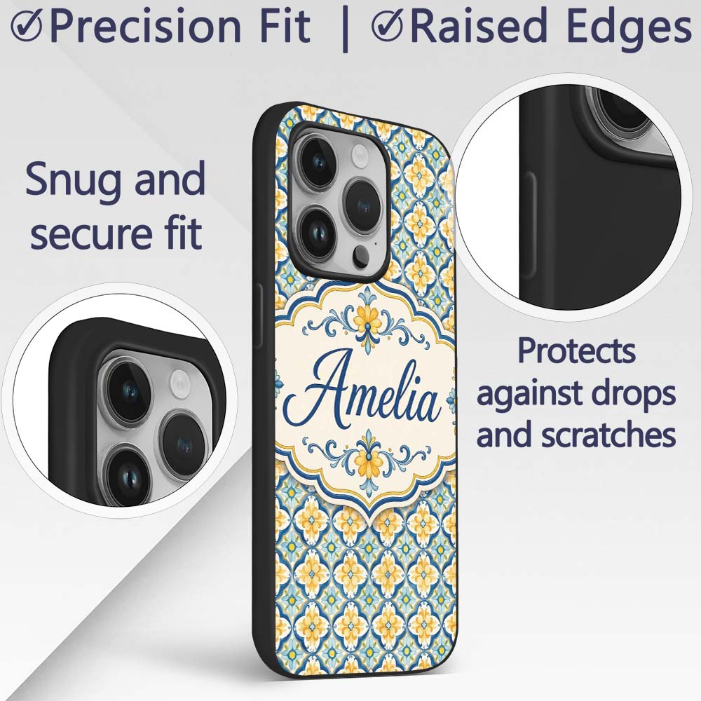 Blue and Yellow Mediterranean Style Tile Pattern Custom Name Protective Phone Case Mobile Cover Durable Everyday Smartphone Shock Resistant