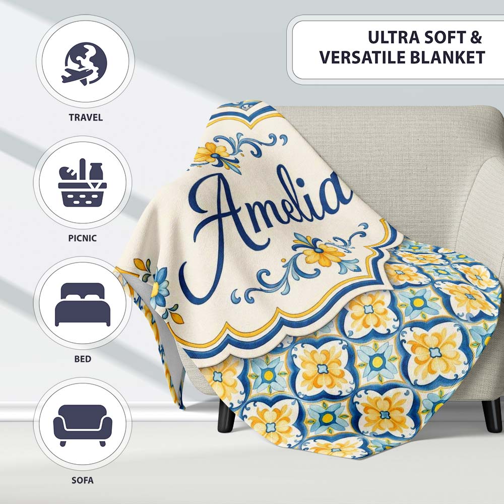 Blue and Yellow Mediterranean Style Tile Pattern with Floral Motifs Personalised Custom Name Super Soft Fleece Blanket Bed Sofa Throw