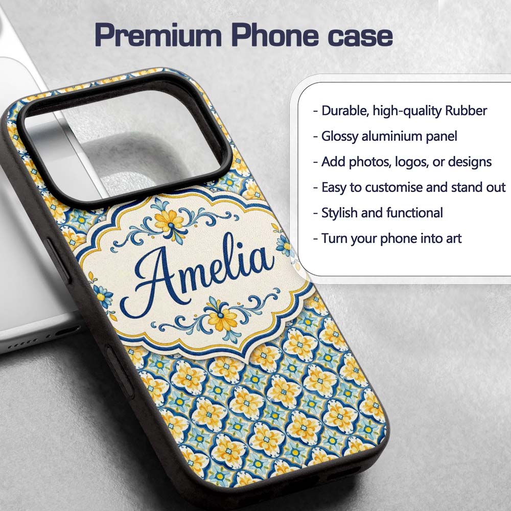 Blue and Yellow Mediterranean Style Tile Pattern Custom Name Protective Phone Case Mobile Cover Durable Everyday Smartphone Shock Resistant