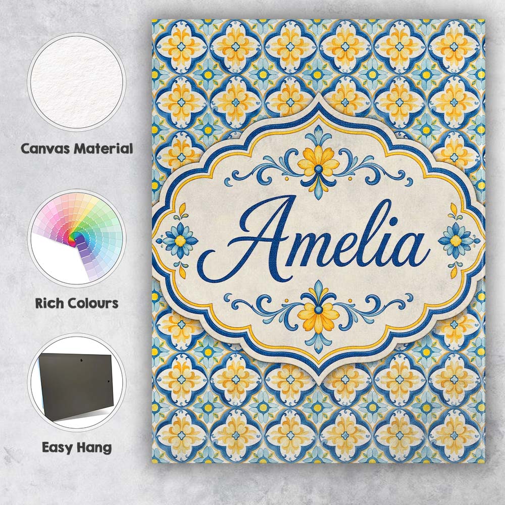 Personalised Name Blue and Yellow Mediterranean Style Tile Custom Stylish Home Interior Canvas Wall Art Print Decor Picture Ready to Hang