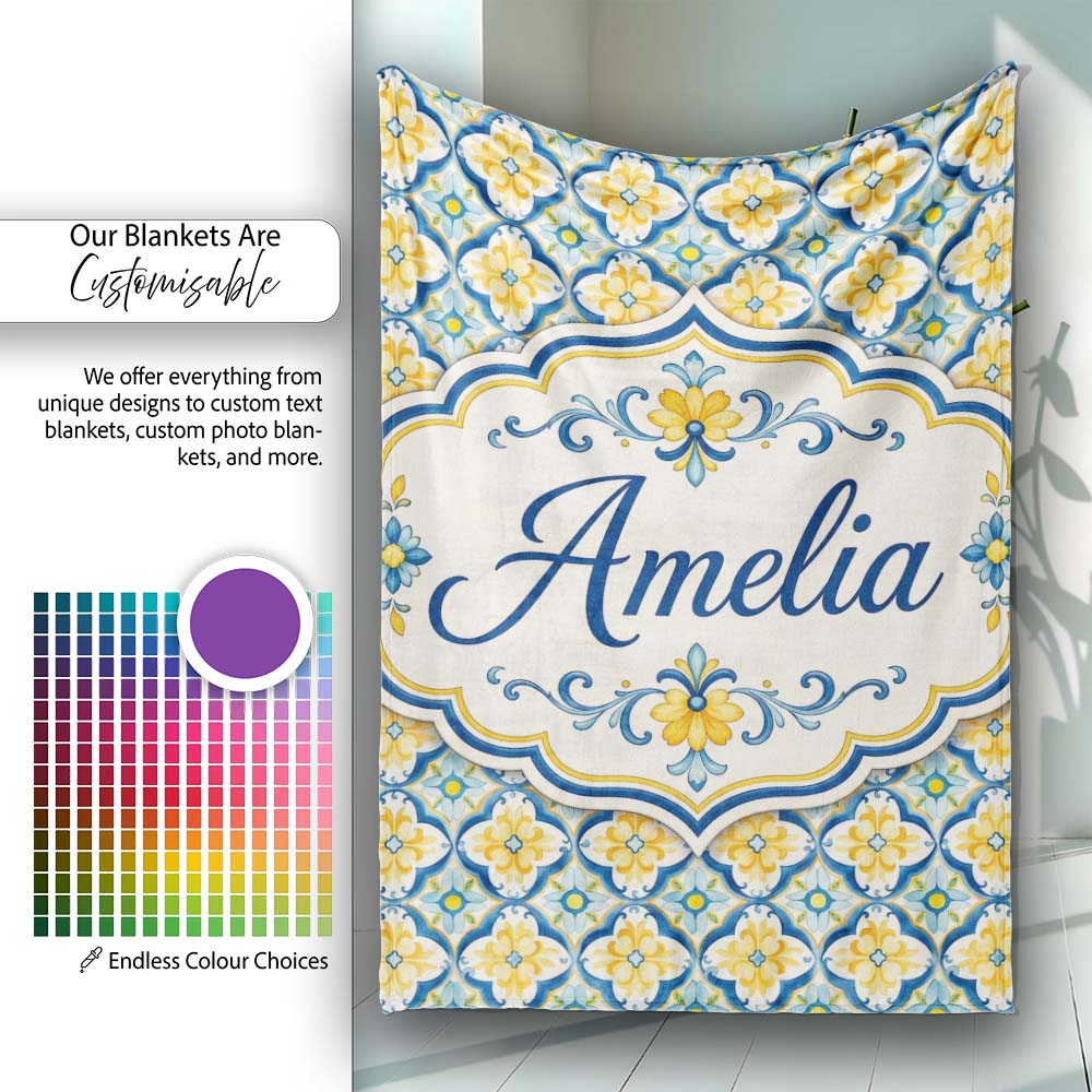 Blue and Yellow Mediterranean Style Tile Pattern with Floral Motifs Personalised Custom Name Super Soft Fleece Blanket Bed Sofa Throw