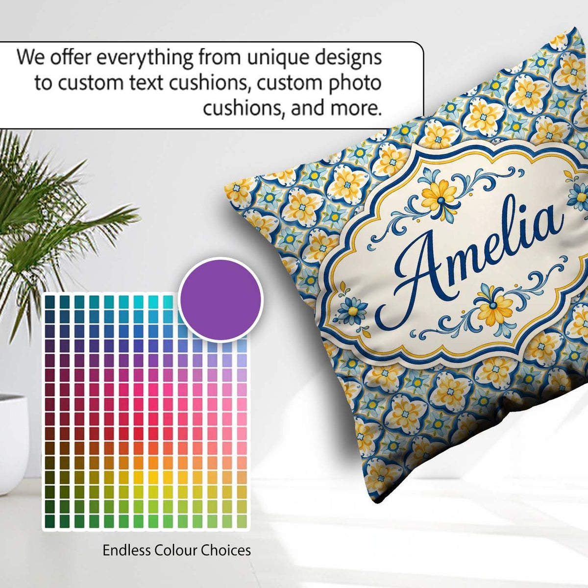 Custom Name Blue and Yellow Mediterranean Style Tile with Floral Square Filled Cushion Throw Pillow Sofa Bed Home Decor Zip Washable UK Made