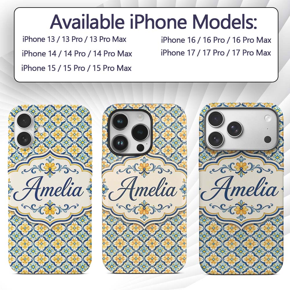 Blue and Yellow Mediterranean Style Tile Pattern Custom Name Protective Phone Case Mobile Cover Durable Everyday Smartphone Shock Resistant