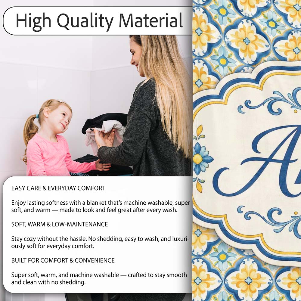 Blue and Yellow Mediterranean Style Tile Pattern with Floral Motifs Personalised Custom Name Super Soft Fleece Blanket Bed Sofa Throw