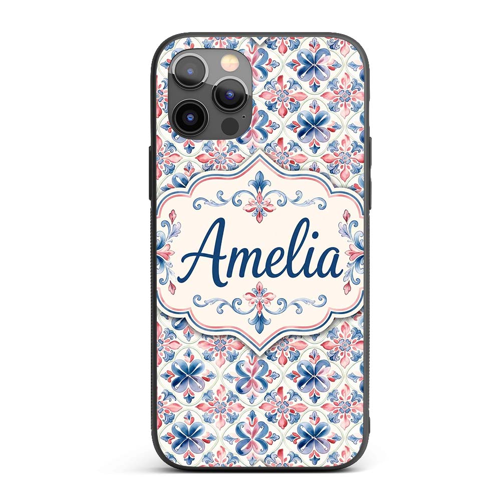 Red and Blue Classic Floral Tile Pattern with Custom Name Protective Phone Case Mobile Cover Durable Everyday Smartphone Shock Resistant