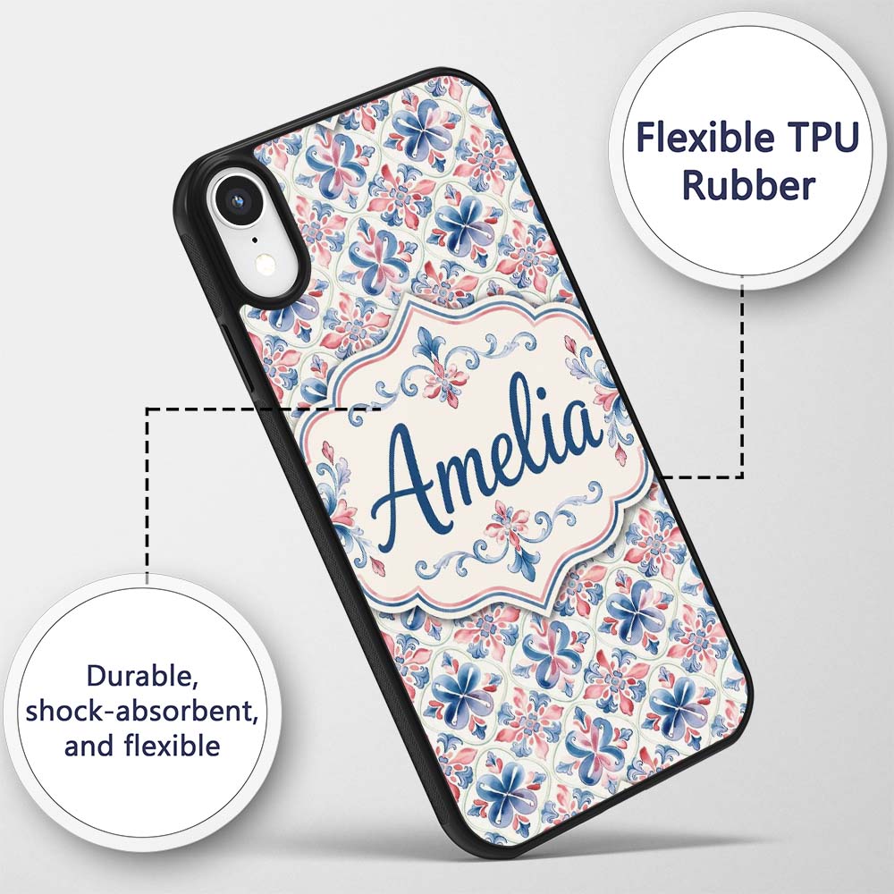 Red and Blue Classic Floral Tile Pattern with Custom Name Protective Phone Case Mobile Cover Durable Everyday Smartphone Shock Resistant